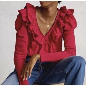 Anthropologie Ruffle V-Neck Long Sleeve Top Womens XS Pink Fuchsia Edwardian‎